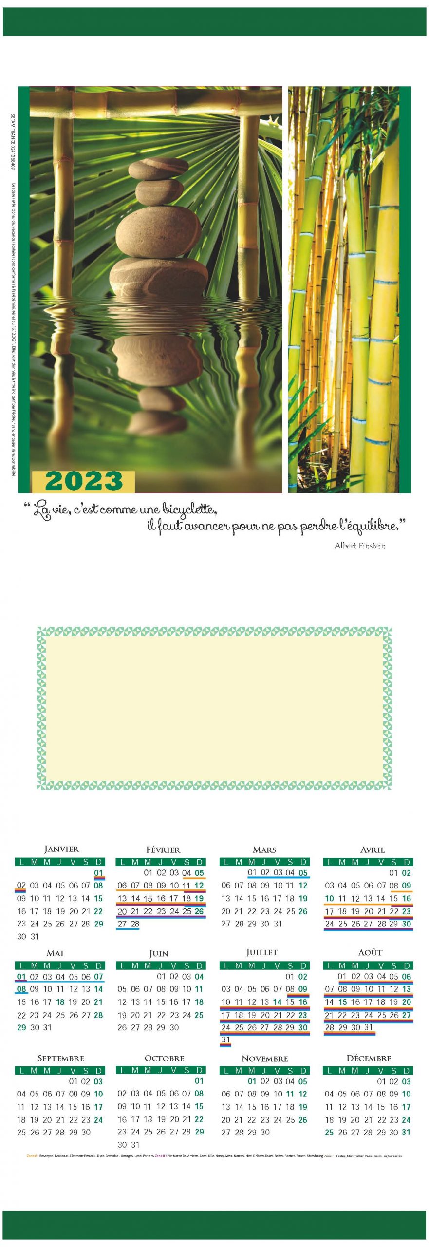 Calendrier Bambou 2023 Calendriers Personnalisés - Calendriers Kakémono Long - Calendrier Sefam